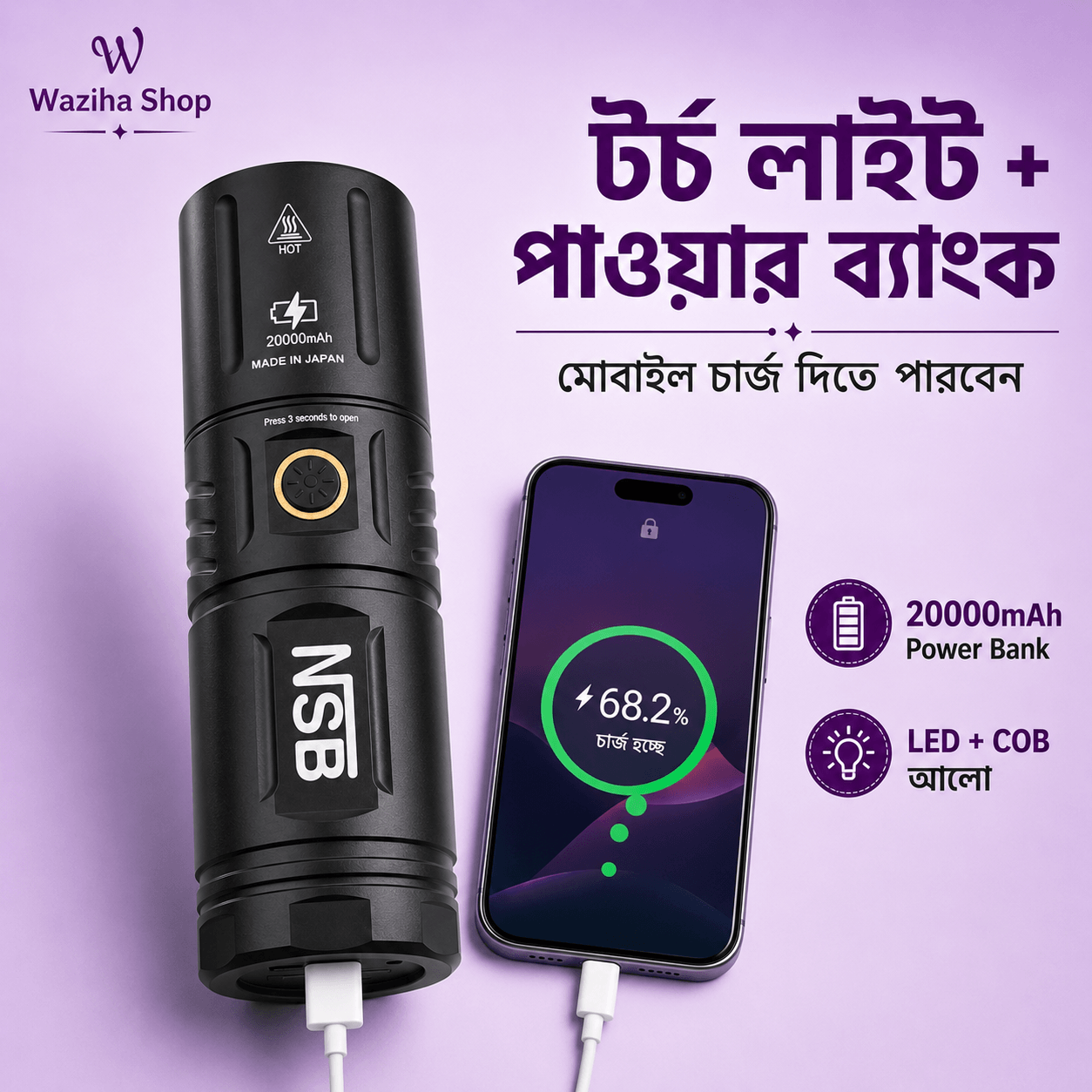 NSB 20000mAh Super Bright Rechargeable Torchlight with Power Bank
